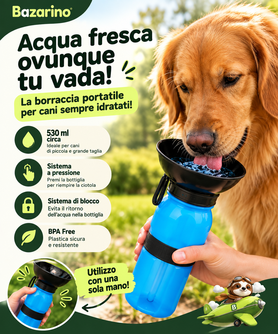 Borraccia Portatile per Cani con Ciotola Integrata 530 ml – Aqua Dog