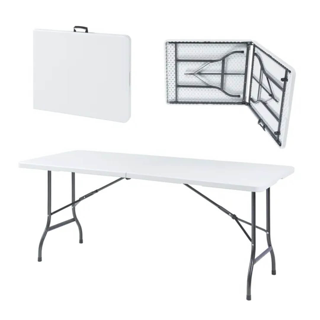 Tavolo Pieghevole 180x70x74 cm in Plastica Bianca – Richiudibile con Maniglia