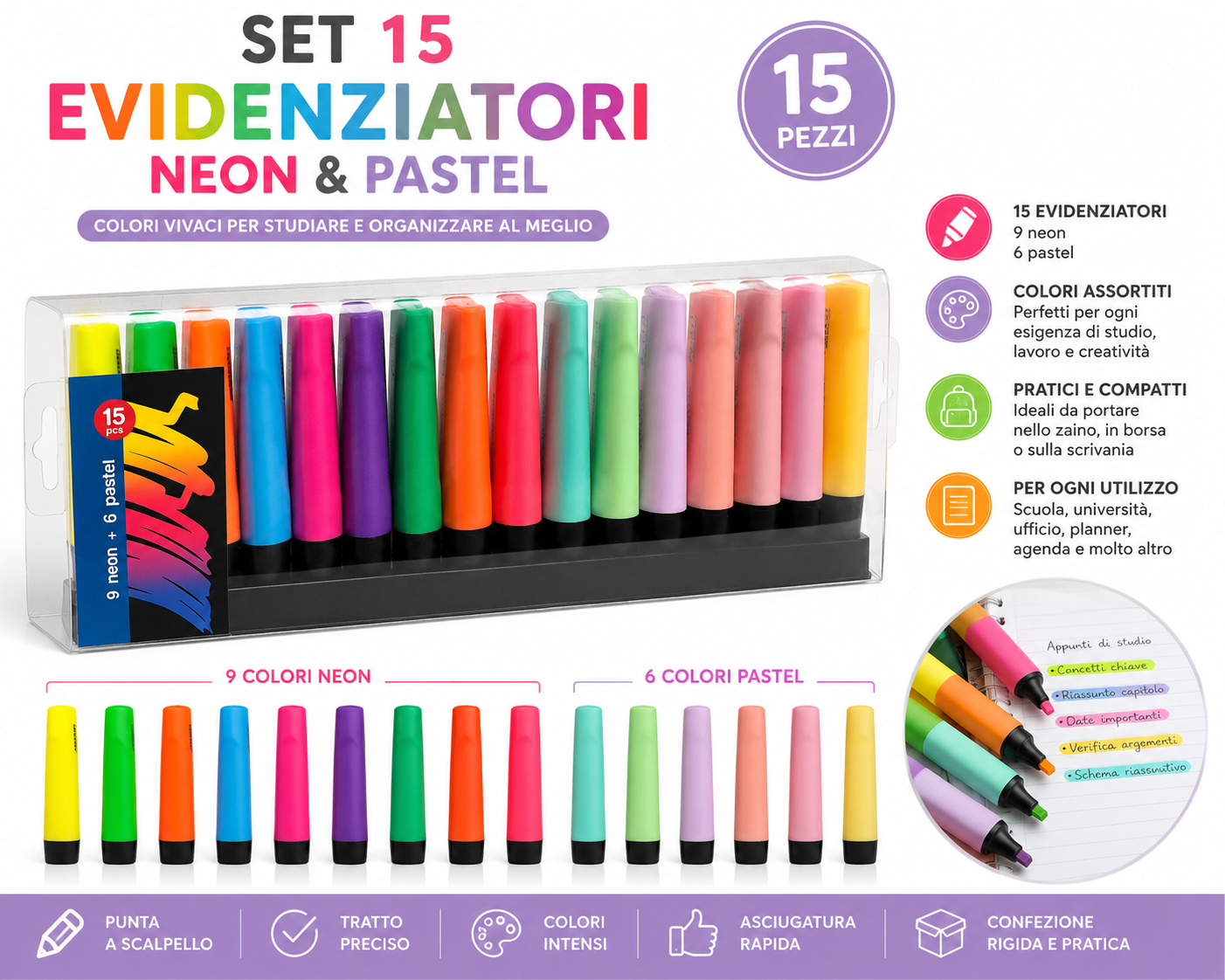 Set 15 Evidenziatori Colorati Neon e Pastel