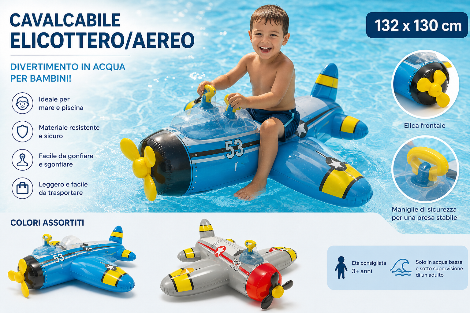 Cavalcabile Gonfiabile Elicottero/Aereo 132x130 cm – Colori Assortiti