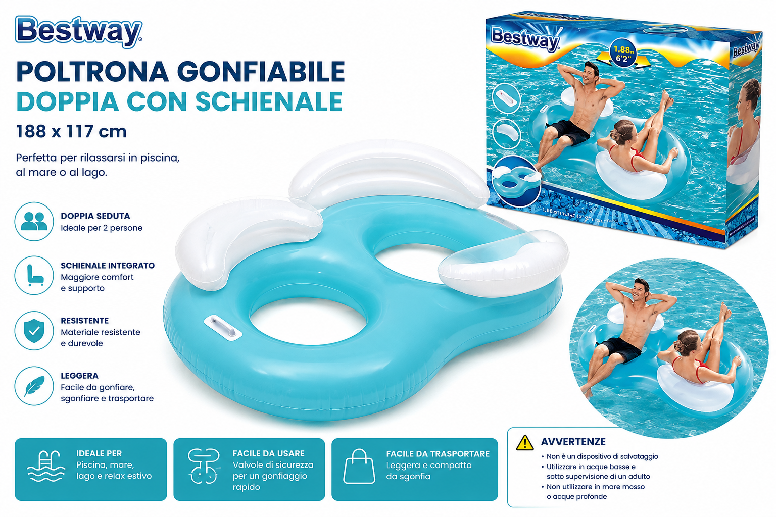Poltrona Gonfiabile Doppia Bestway con Schienale 188x117 cm