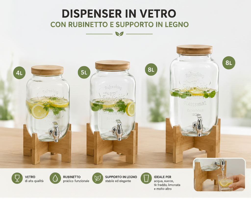 Dispenser in Vetro con Rubinetto e Supporto in Legno – 4L / 5L / 8L