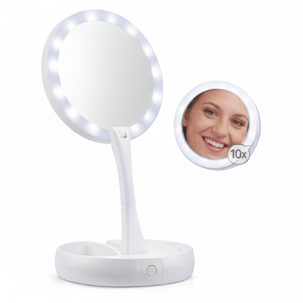 Specchio Pieghevole con Luci LED e Ingrandimento 1x/10x – Compatto e Portatile