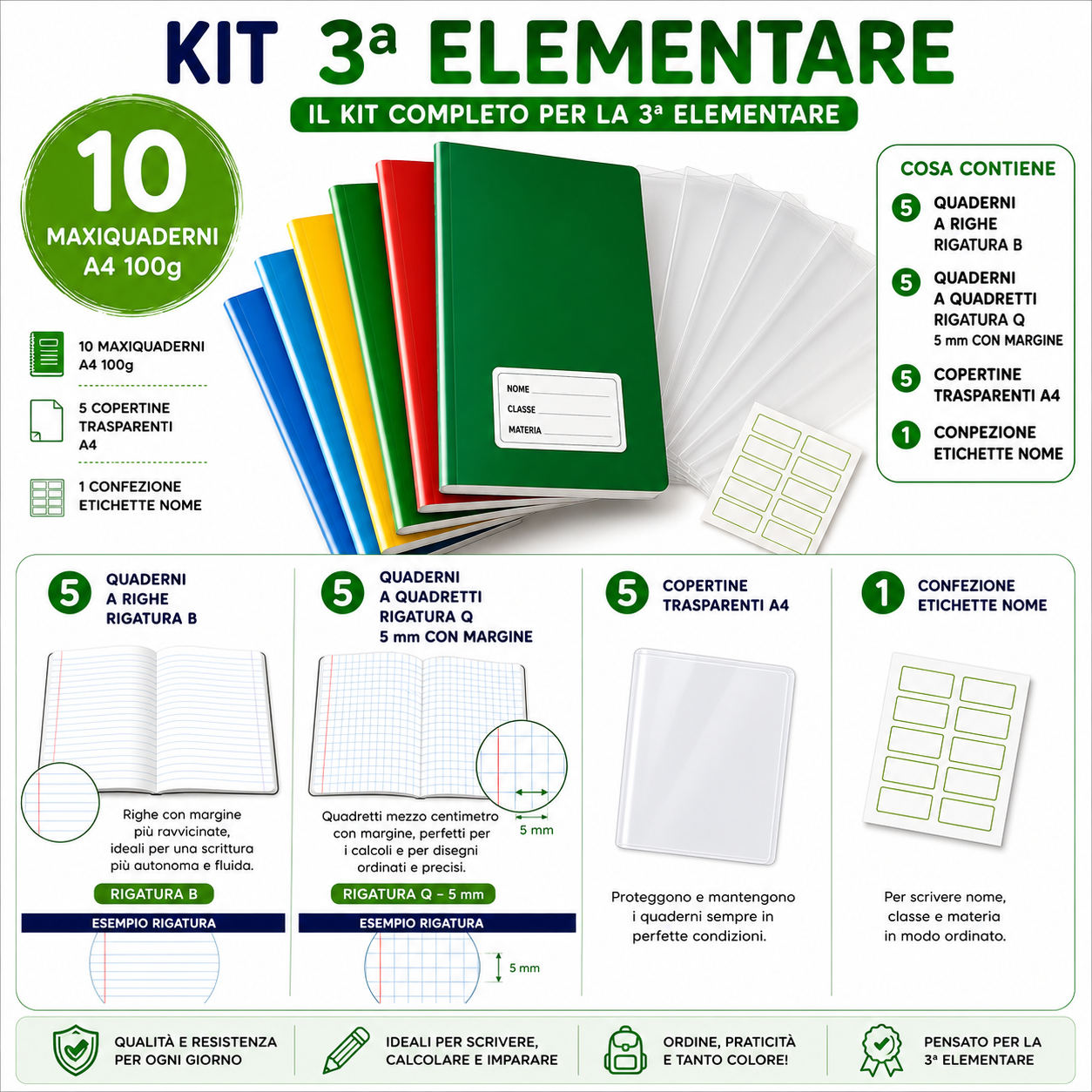Kit Scuola 3ª Elementare – 10 Maxiquaderni A4 100g + Copertine + Etichette