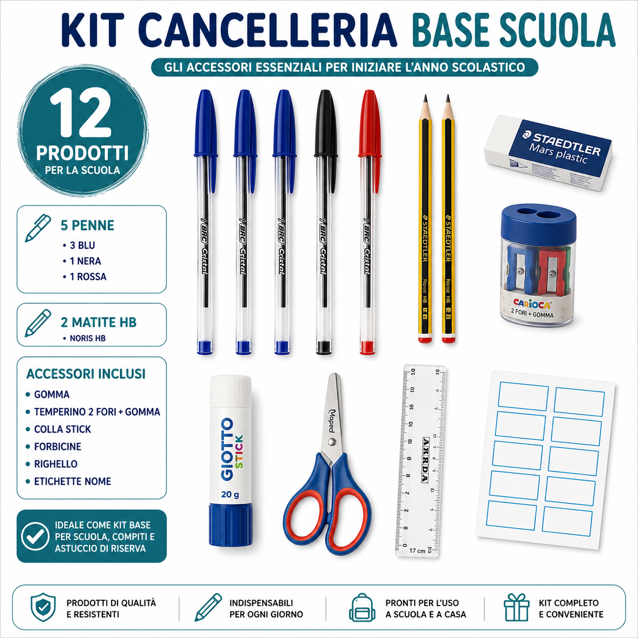 Kit Cancelleria Base Scuola – Penne, Matite e Accessori Essenziali