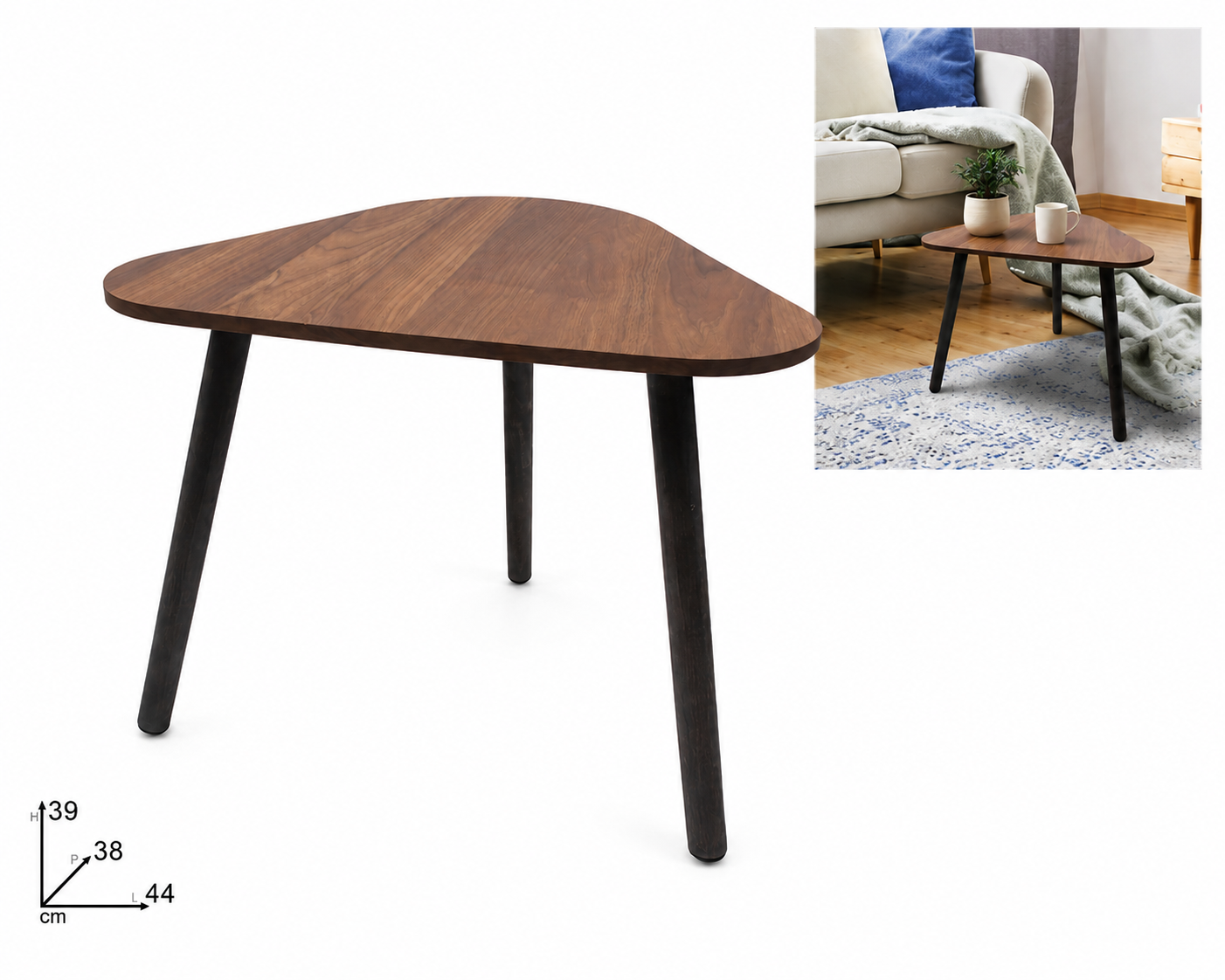 Tavolino Arredo in Legno Marrone Triangolare 44x38x39 cm