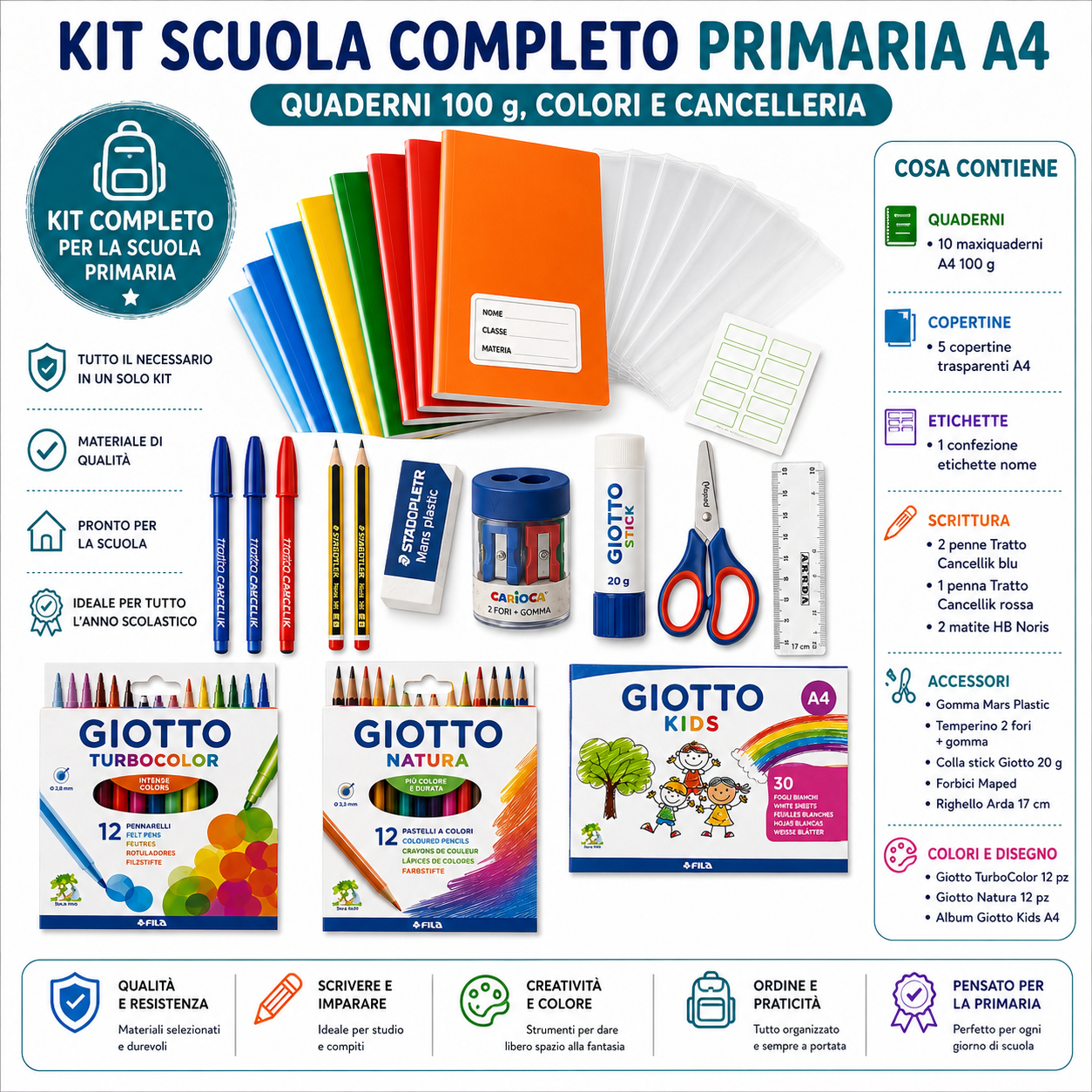 Kit Scuola Completo Primaria A4 – Quaderni 100g, Colori e Cancelleria