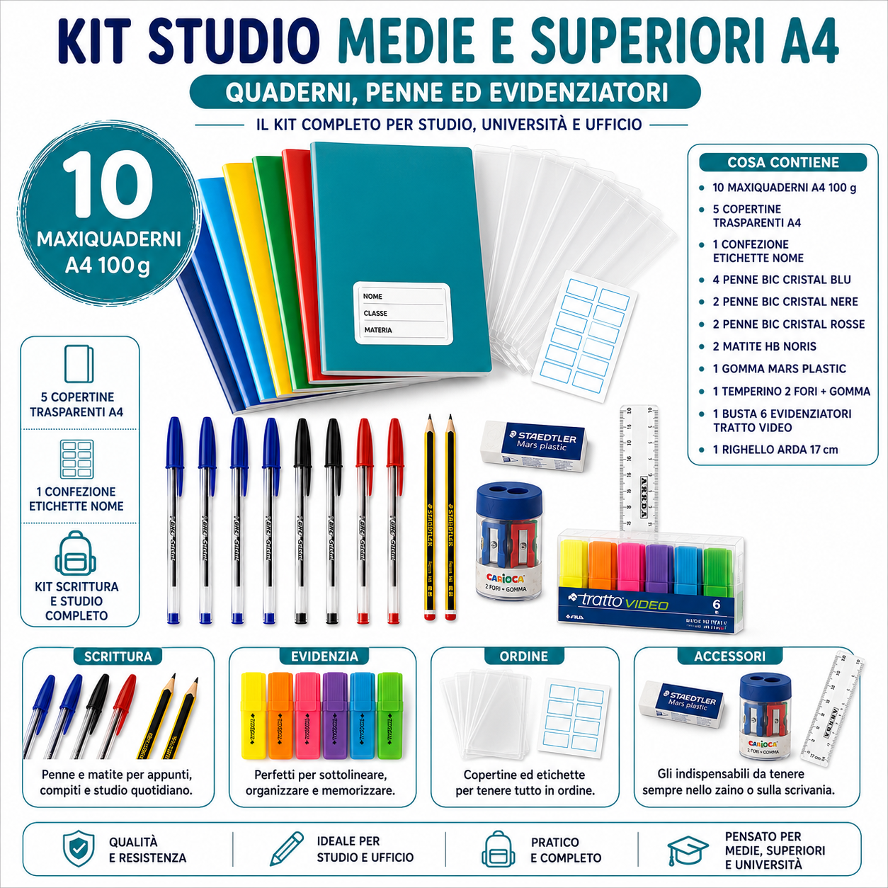 Kit Studio Medie e Superiori A4 – Quaderni, Penne ed Evidenziatori