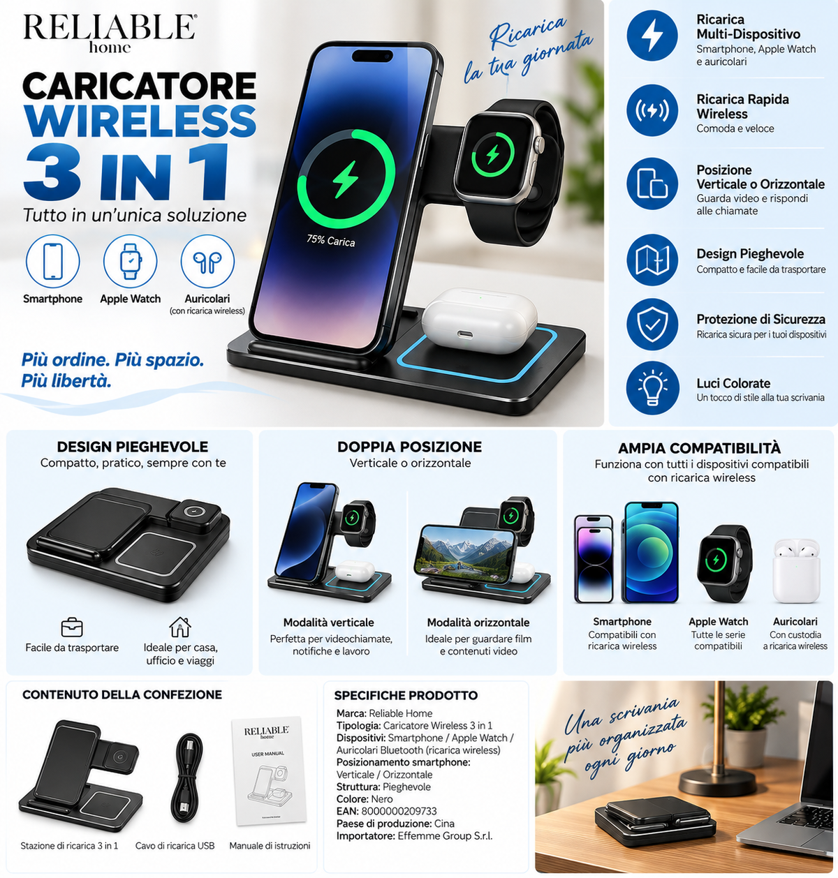 Caricatore Wireless 3 in 1 Pieghevole per Smartphone, Apple Watch e Auricolari – Stazione di Ricarica Rapida