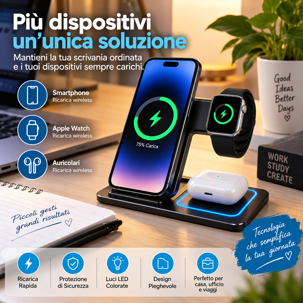 Caricatore Wireless 3 in 1 Pieghevole per Smartphone, Apple Watch e Auricolari – Stazione di Ricarica Rapida