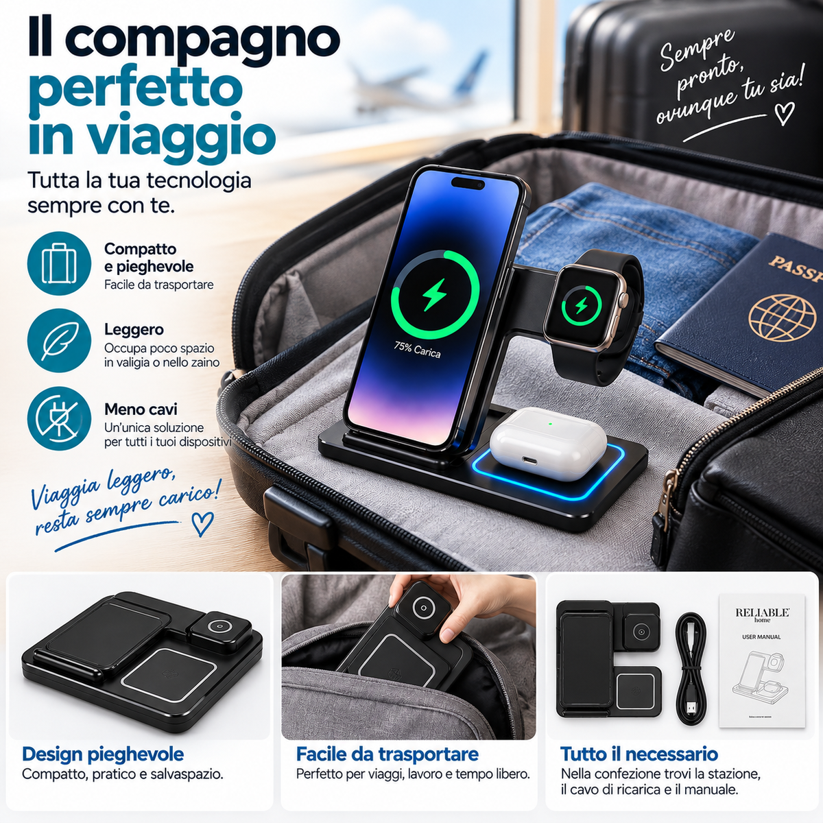 Caricatore Wireless 3 in 1 Pieghevole per Smartphone, Apple Watch e Auricolari – Stazione di Ricarica Rapida
