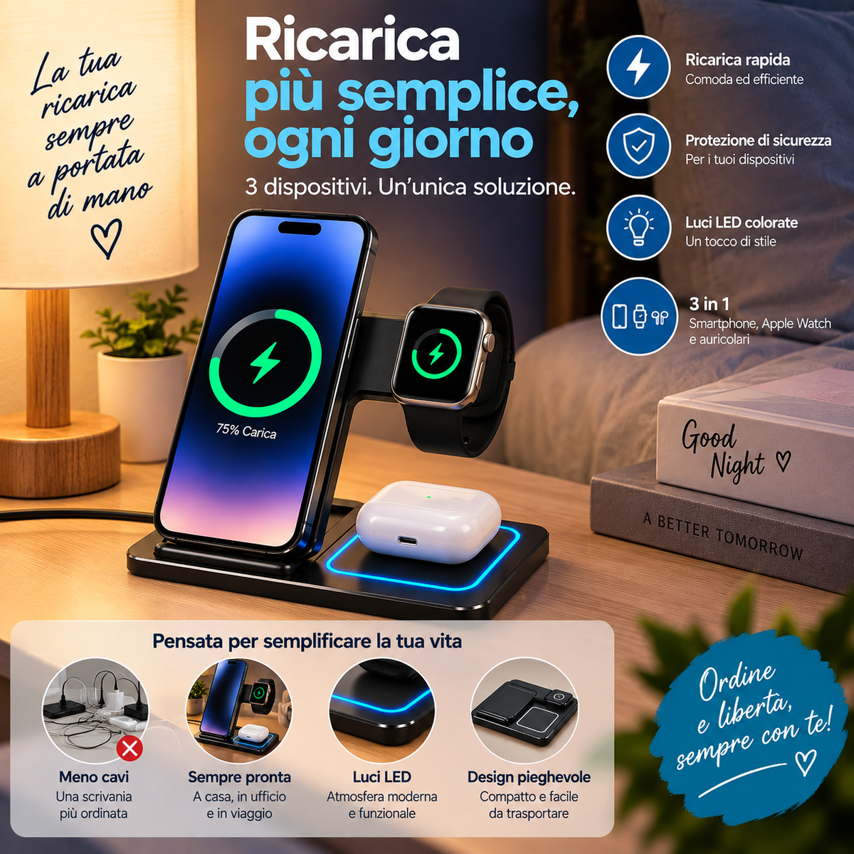 Caricatore Wireless 3 in 1 Pieghevole per Smartphone, Apple Watch e Auricolari – Stazione di Ricarica Rapida