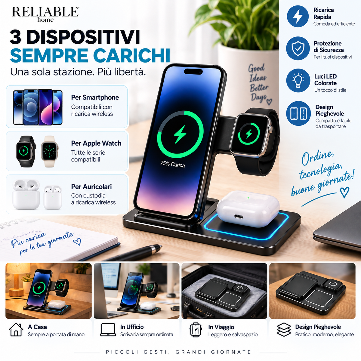 Caricatore Wireless 3 in 1 Pieghevole per Smartphone, Apple Watch e Auricolari – Stazione di Ricarica Rapida