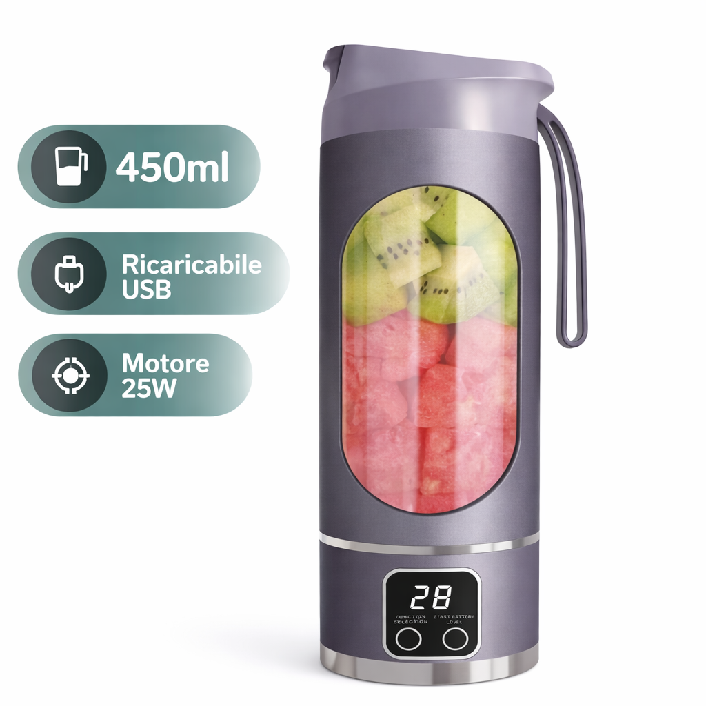 Frullatore Portatile Ricaricabile 450ml 25W – Juicing Cup USB con Display Digitale