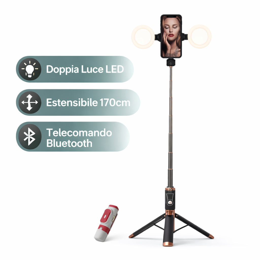 Selfie Stick Wireless con Treppiede e Doppia Luce LED – Estensibile 170cm con Telecomando Bluetooth