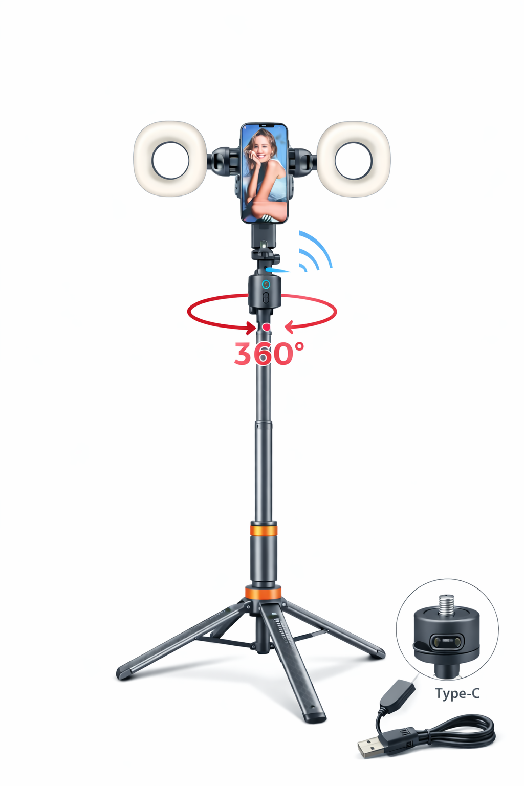 Treppiede Smart Tracking Q13 con Ring Light Doppia – Selfie Stick Automatico con Face Tracking 360°