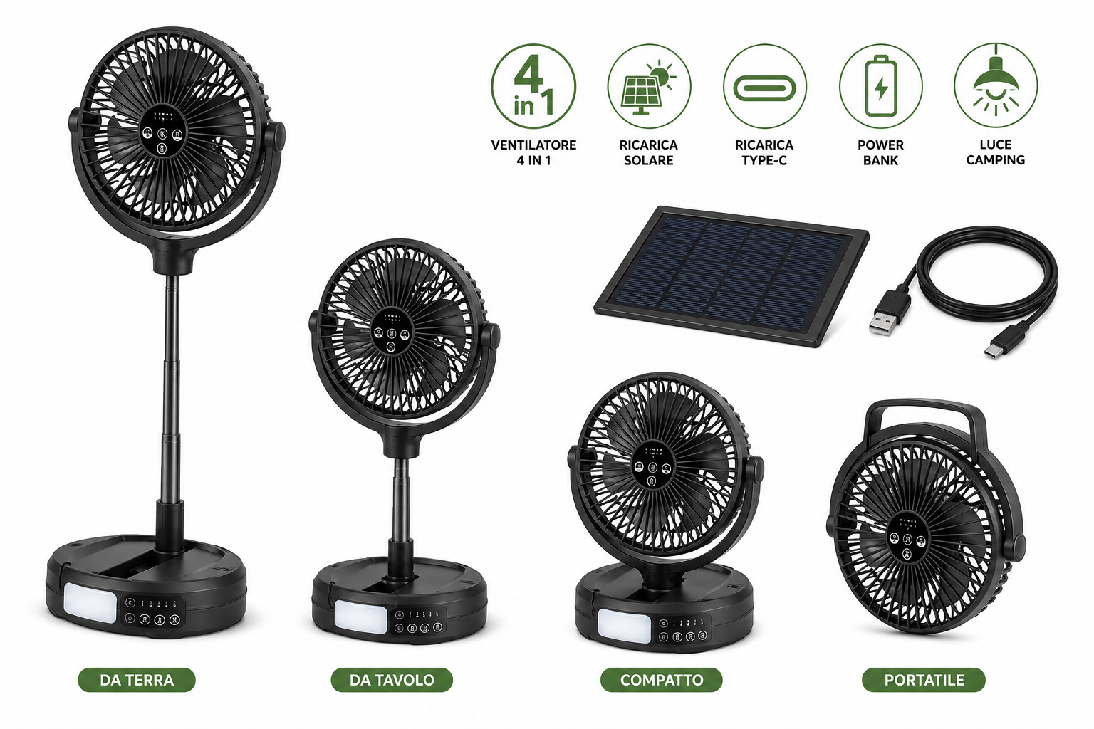 Ventilatore Solare 4 in 1 Ricaricabile con 5 Velocità, Power Bank e Luce Camping
