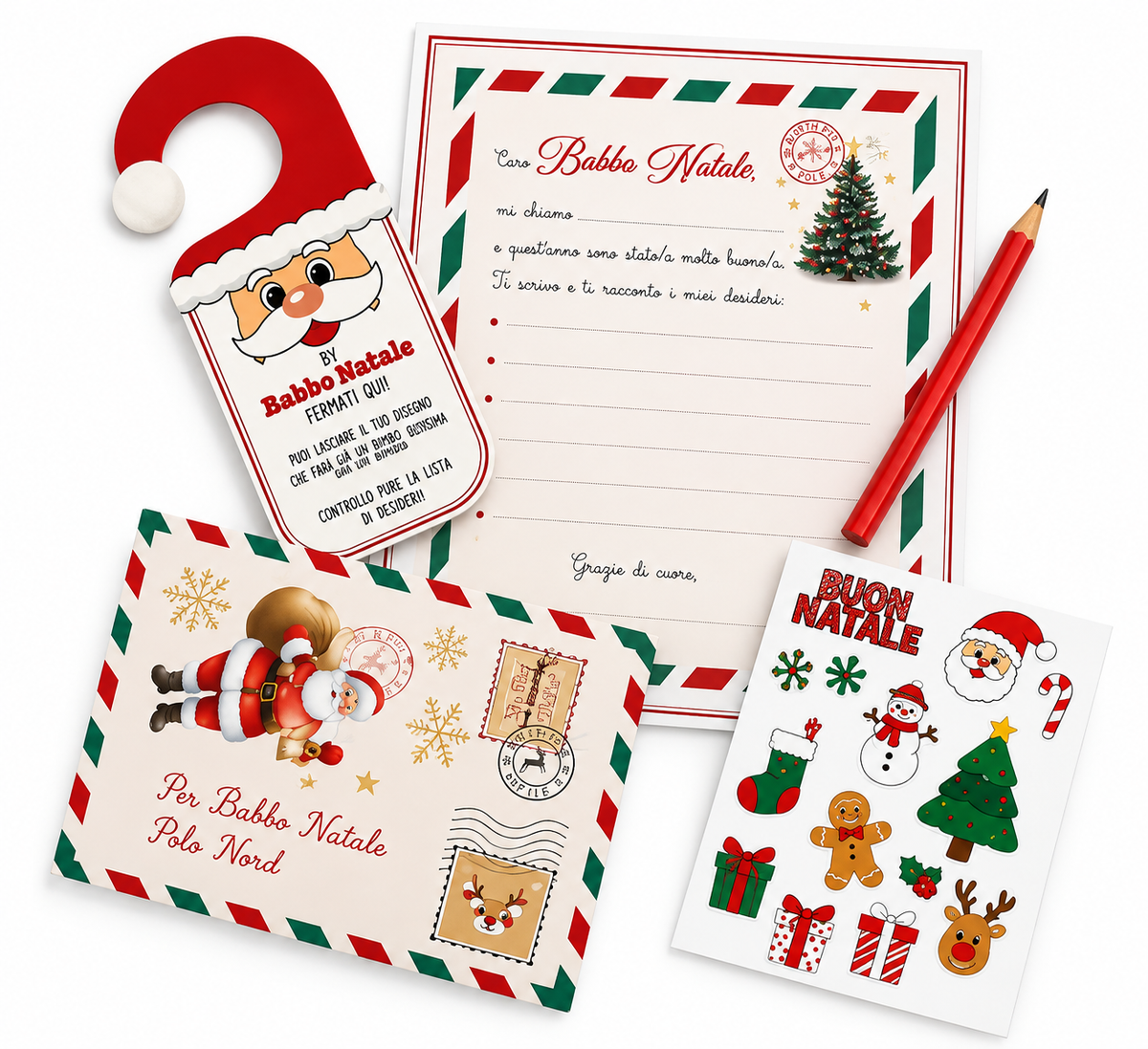 Kit Lettera a Babbo Natale con Busta, Adesivi, Matita e Cartello per Porta – Set Natalizio Bambini