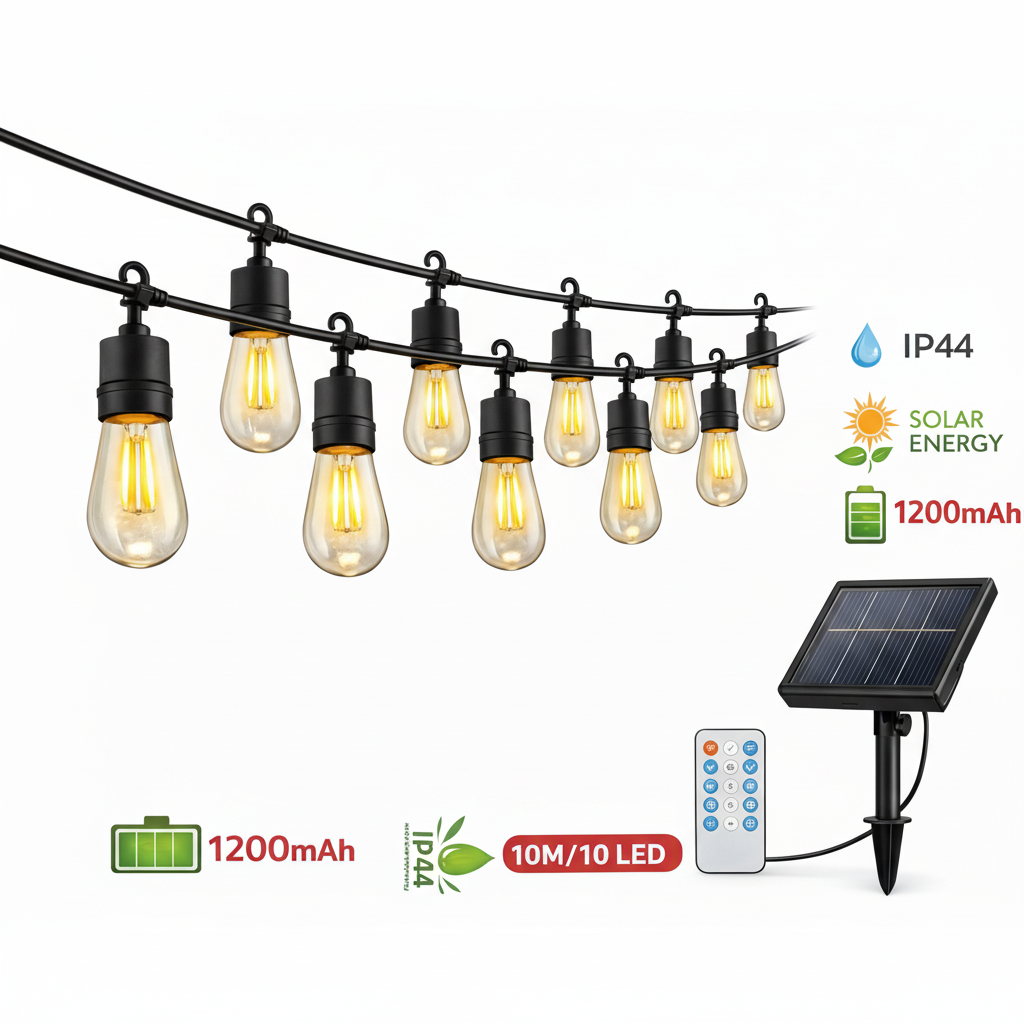 Stringa Luminosa Solare LED da Esterno 10 Metri – 10 Luci, IP44, Ricarica Solare e USB