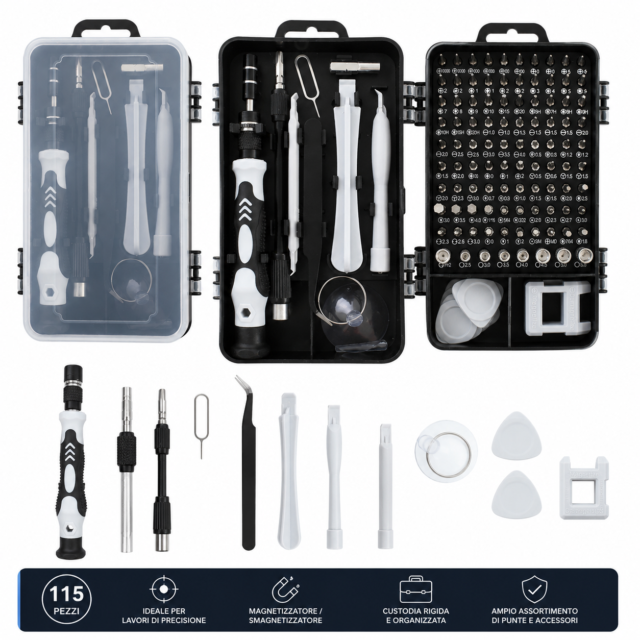 Kit 115 pz Cacciaviti di Precisione Multifunzione con Inserti e Accessori per Riparazioni Elettroniche