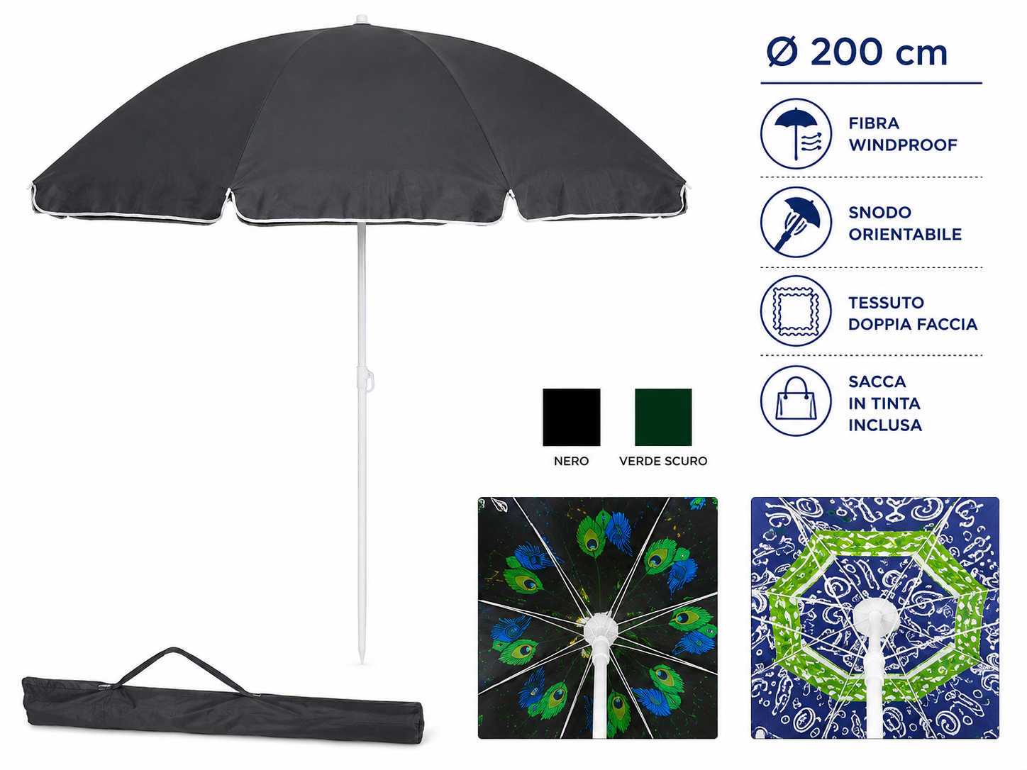 Ombrellone da Spiaggia Ø 200 cm con Stecche in Fibra e Sacca – Colori Assortiti