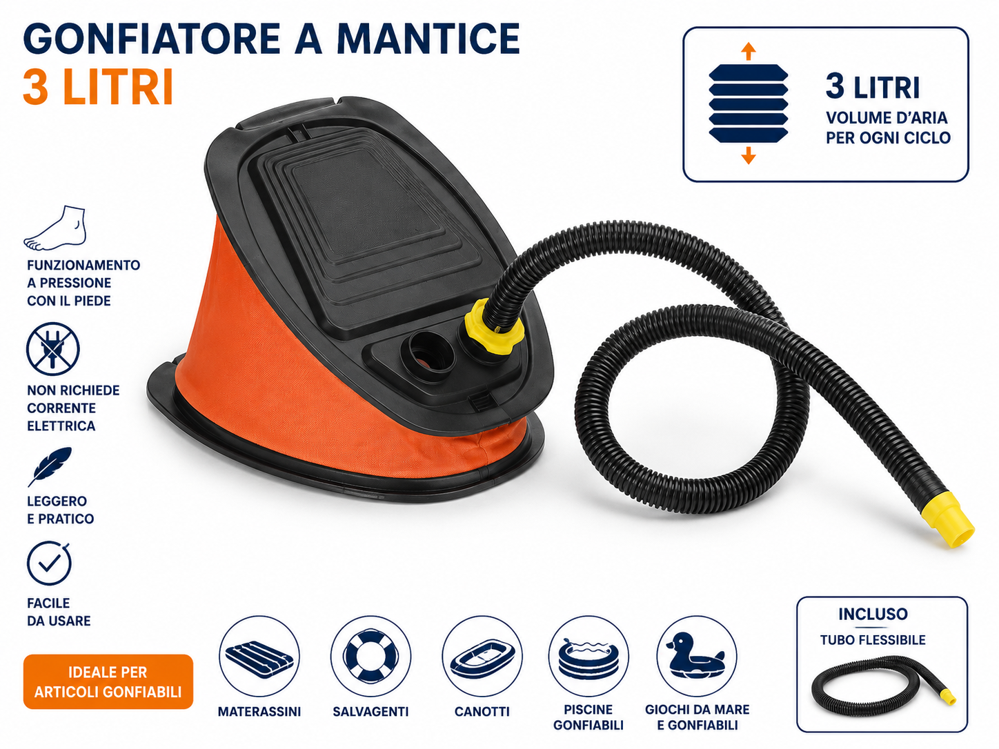 Gonfiatore a Mantice 3 L con Tubo per Gonfiabili