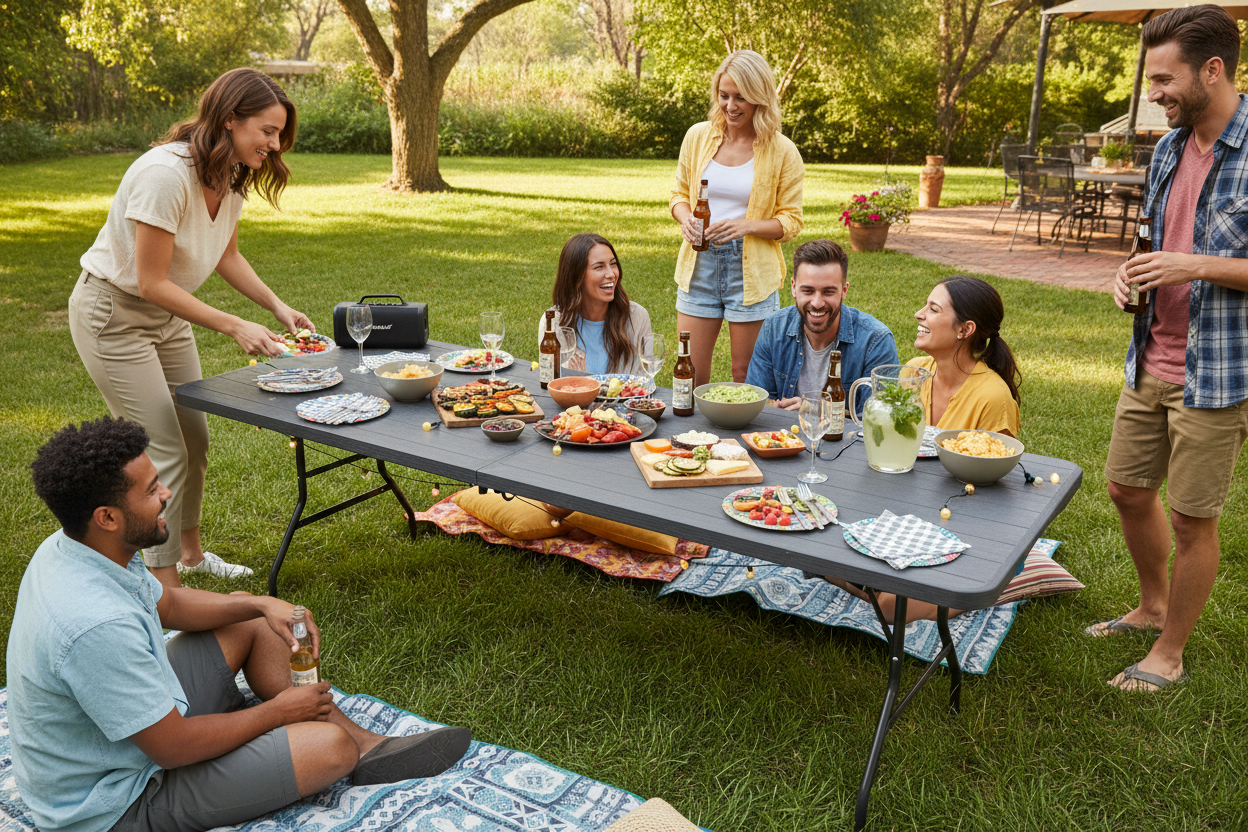 Tavolo Pieghevole 180x70 cm Effetto Legno – Richiudibile con Maniglia, Impermeabile per Interno ed Esterno