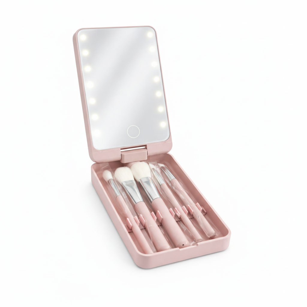Specchio Trucco LED Portatile con Pennelli Integrati e Luce Touch Regolabile