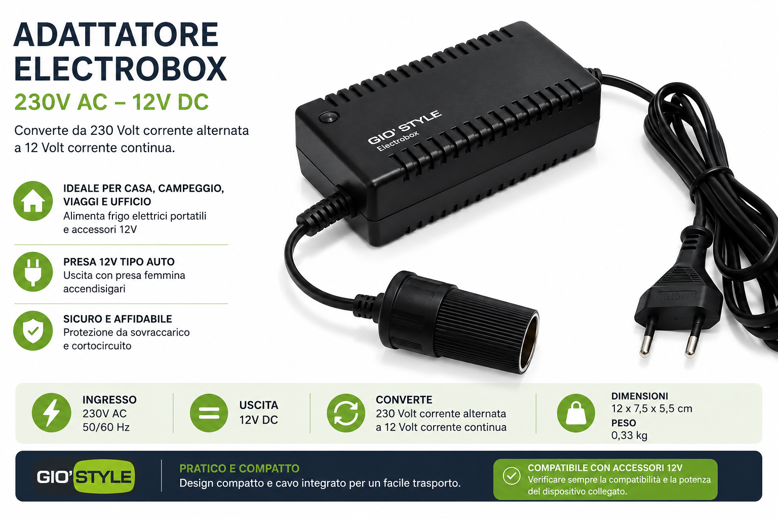 Adattatore Electrobox Gio’Style 230V AC / 12V DC per Frigo Auto e Accessori 12V