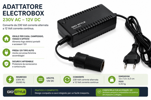 Adattatore Electrobox Gio’Style 230V AC / 12V DC per Frigo Auto e Accessori 12V