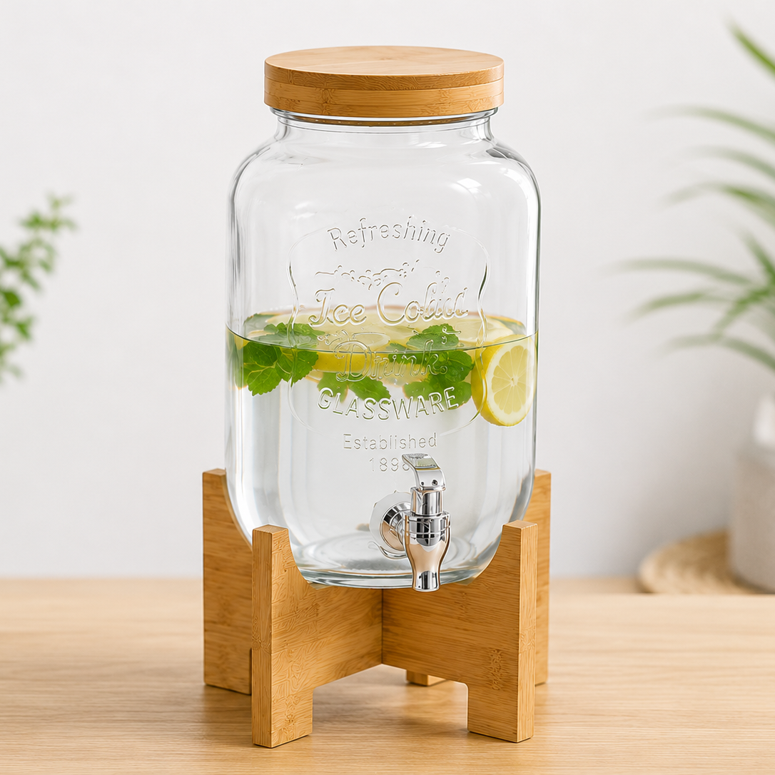 Dispenser in Vetro con Rubinetto e Supporto in Legno – 4L / 5L / 8L