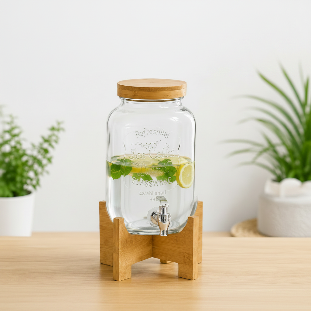 Dispenser in Vetro con Rubinetto e Supporto in Legno – 4L / 5L / 8L