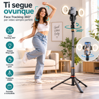 Treppiede Automatico Smartphone con Face Tracking 360° e Doppia Ring Light per TikTok, Video e Live