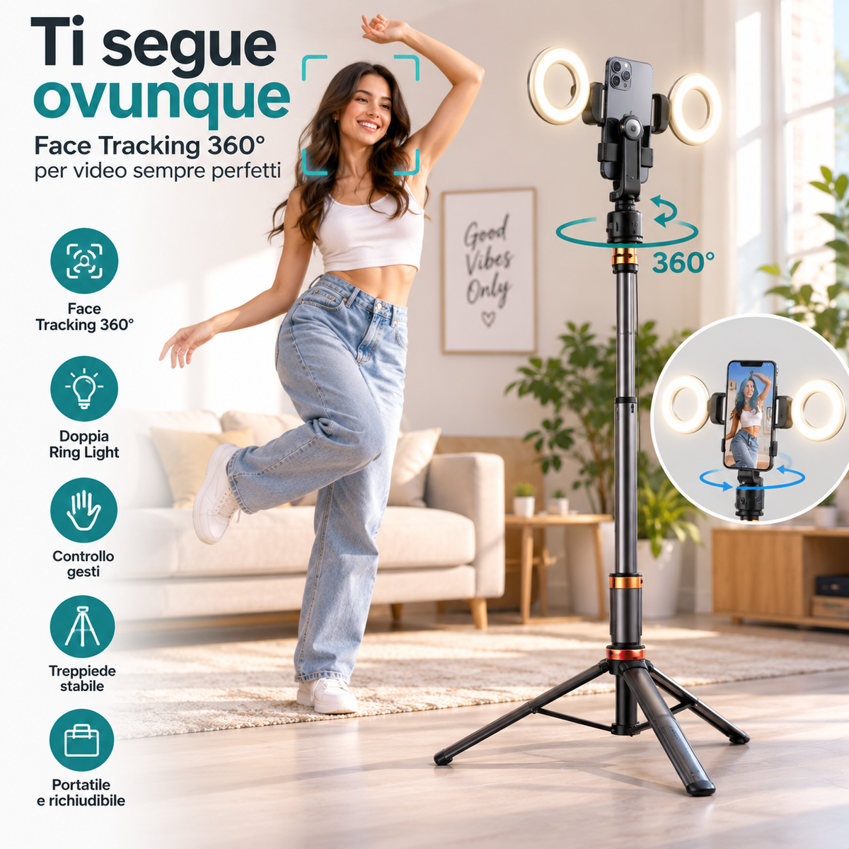 Treppiede Automatico Smartphone con Face Tracking 360° e Doppia Ring Light per TikTok, Video e Live