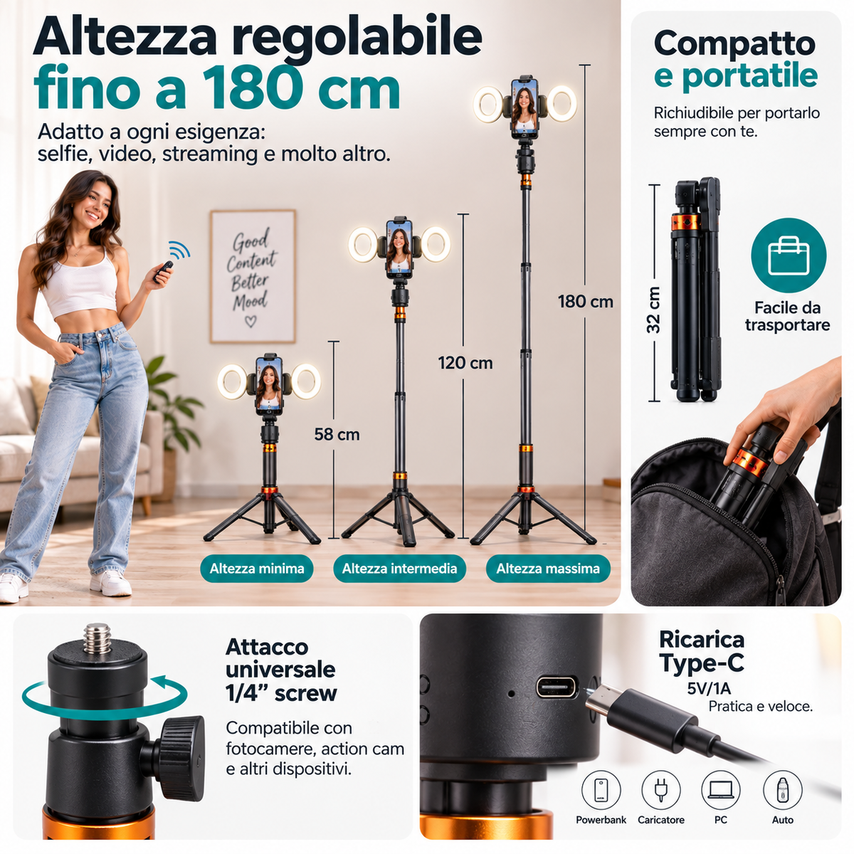 Treppiede Automatico Smartphone con Face Tracking 360° e Doppia Ring Light per TikTok, Video e Live