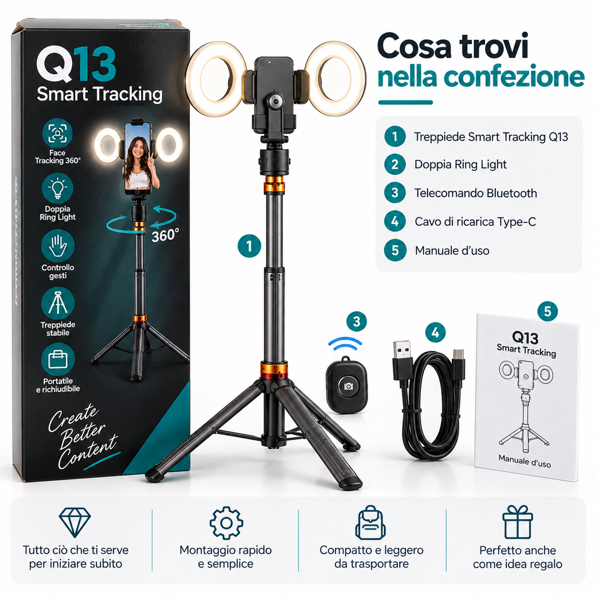 Treppiede Automatico Smartphone con Face Tracking 360° e Doppia Ring Light per TikTok, Video e Live