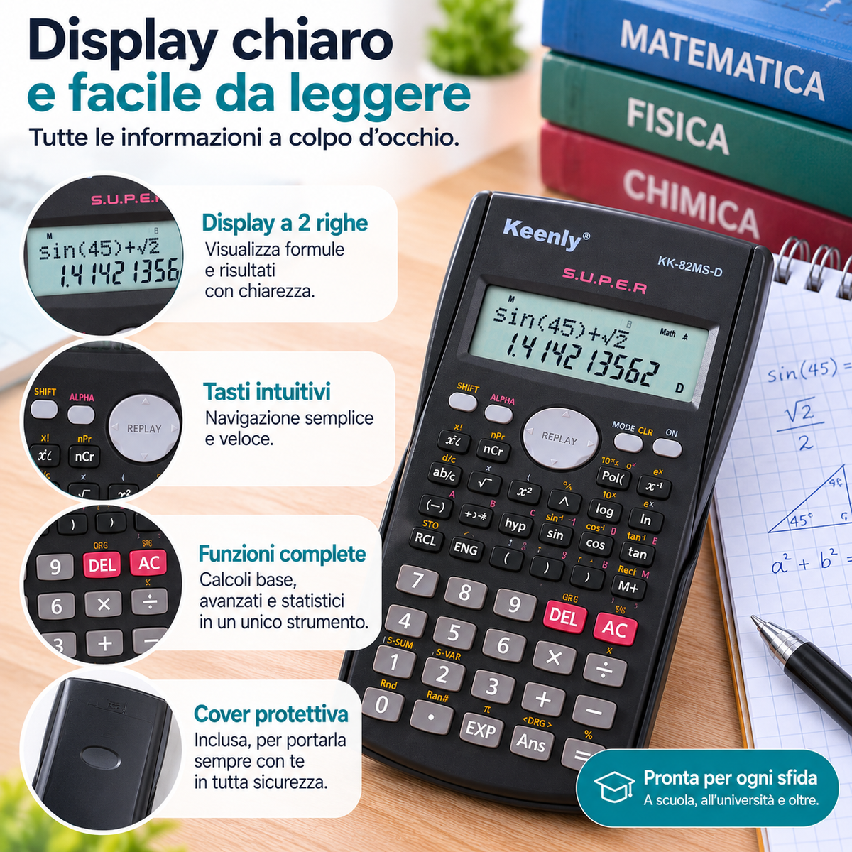 Calcolatrice Scientifica 240 Funzioni con Display a 2 Righe – 10+2 Cifre