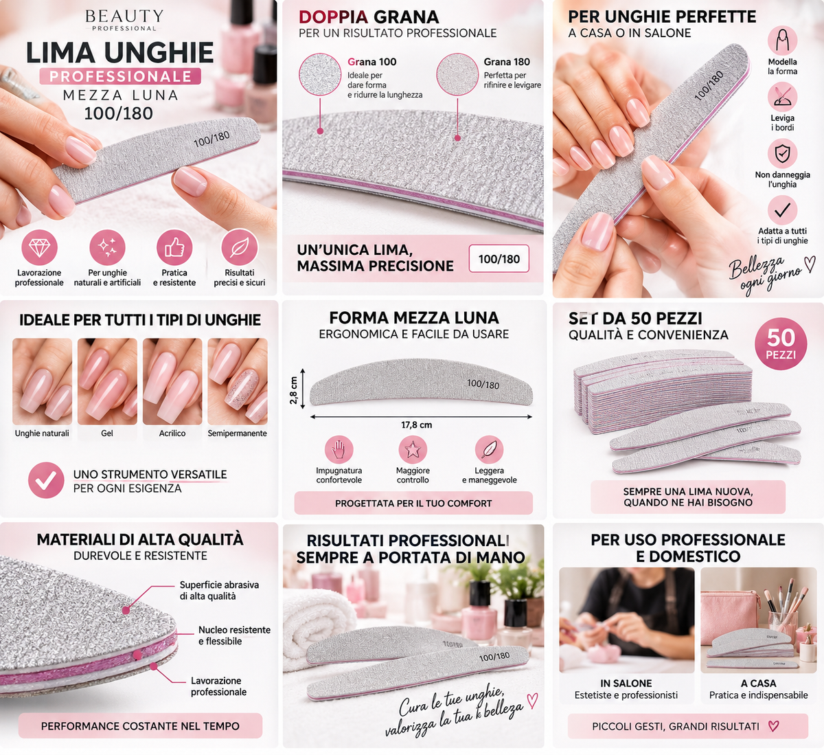 50 Pz Lima Unghie Professionale Mezza Luna 100/180 Lavabile per Ricostruzione e Gel Doppia Grana Ergonomica per Manicure e Pedicure