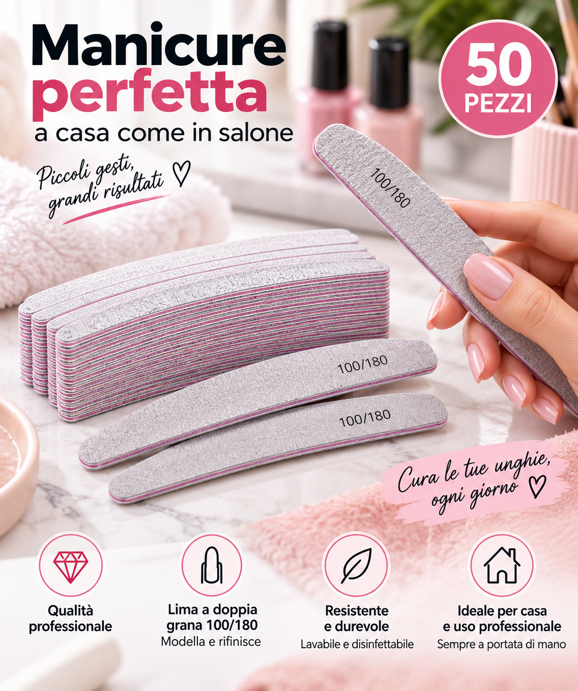 50 Pz Lima Unghie Professionale Mezza Luna 100/180 Lavabile per Ricostruzione e Gel Doppia Grana Ergonomica per Manicure e Pedicure
