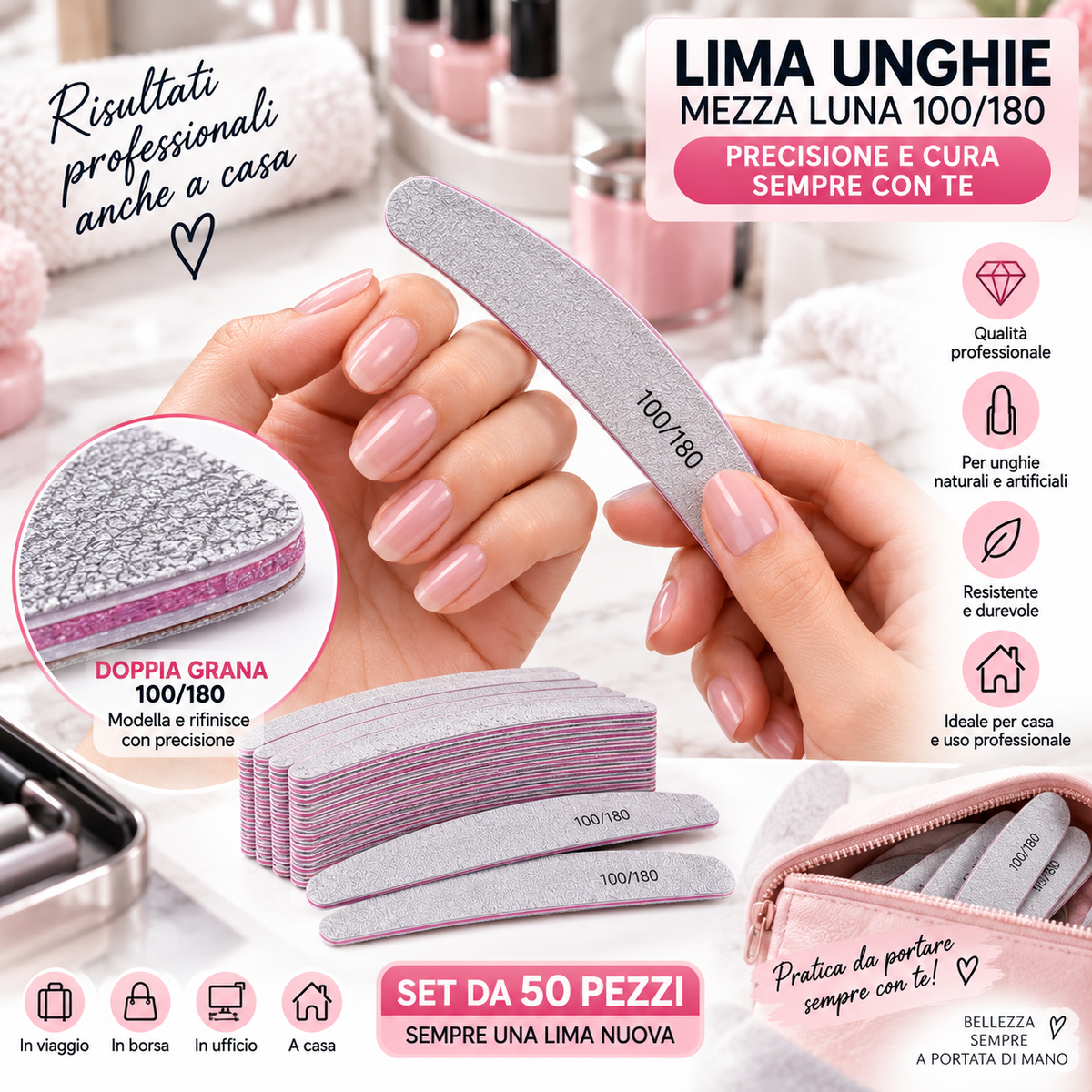 50 Pz Lima Unghie Professionale Mezza Luna 100/180 Lavabile per Ricostruzione e Gel Doppia Grana Ergonomica per Manicure e Pedicure