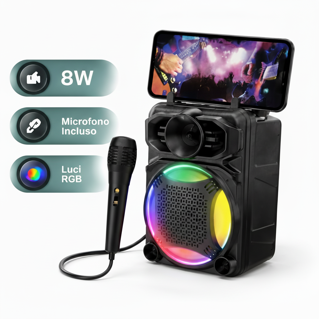 Cassa Bluetooth Portatile 8W con Microfono e Luci LED RGB – 3” 1200mAh
