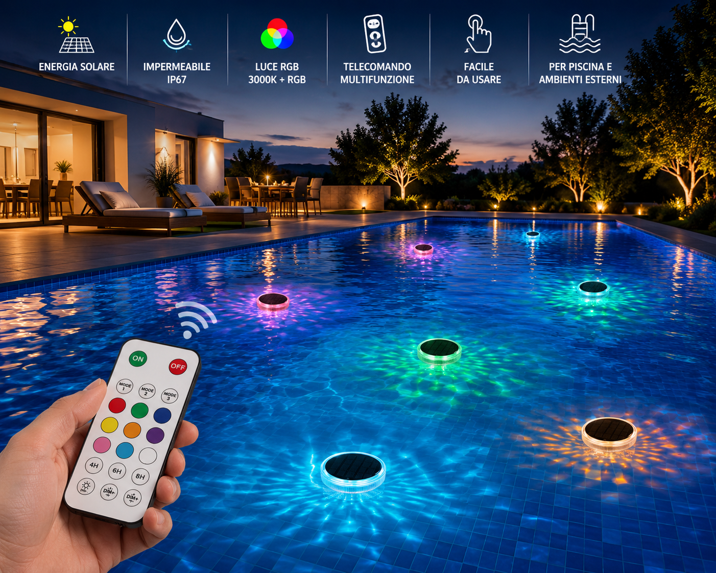 Luce Solare per Piscina RGB 1,5W con Telecomando IP67