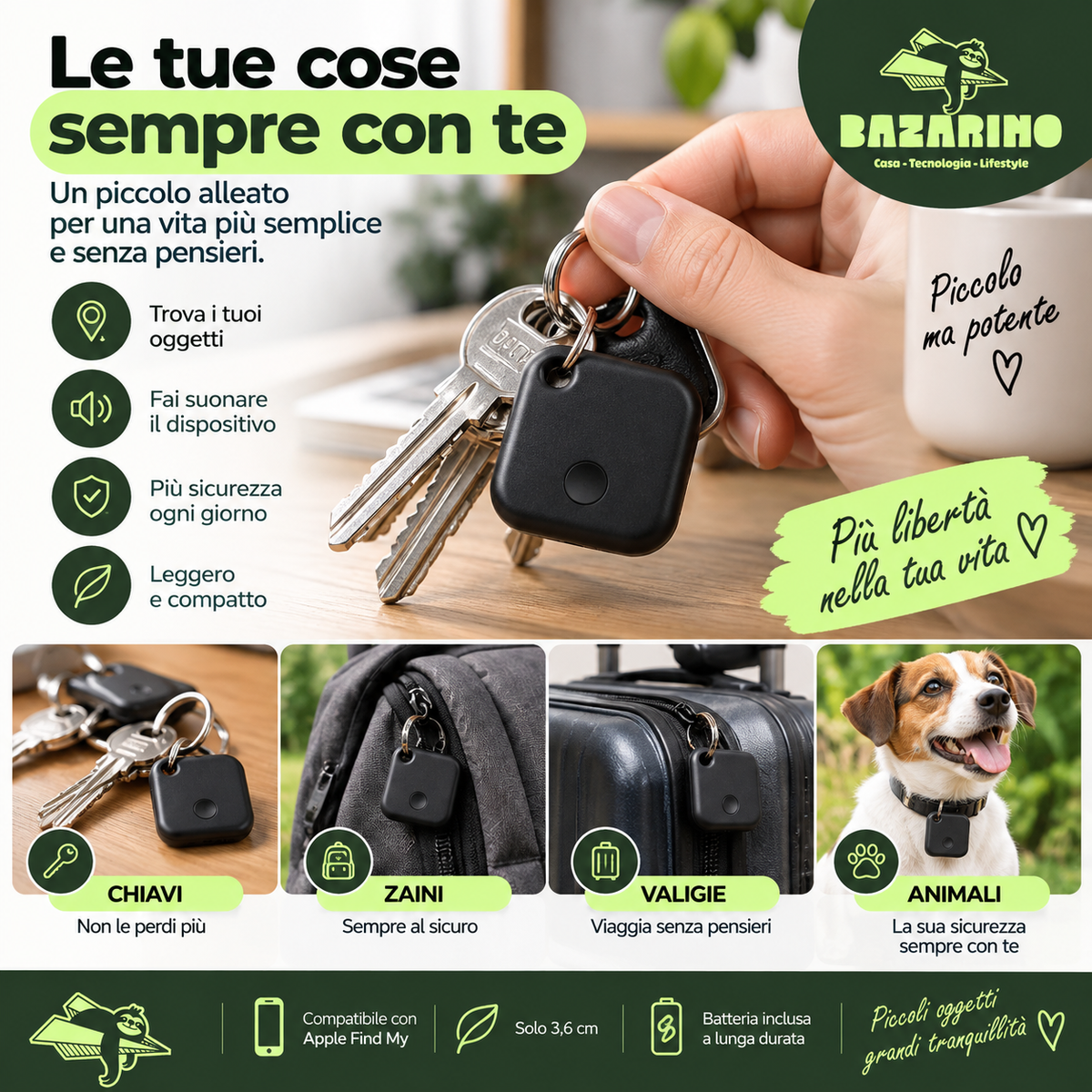 Localizzatore Bluetooth per Oggetti Compatibile con Apple Find My – Tracker VTag per Chiavi, Zaino e Bagagli