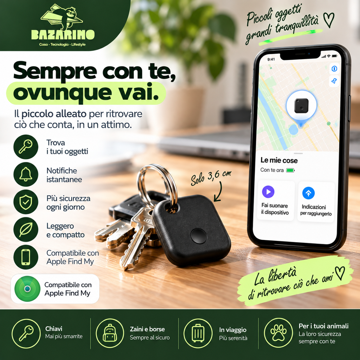 Localizzatore Bluetooth per Oggetti Compatibile con Apple Find My – Tracker VTag per Chiavi, Zaino e Bagagli