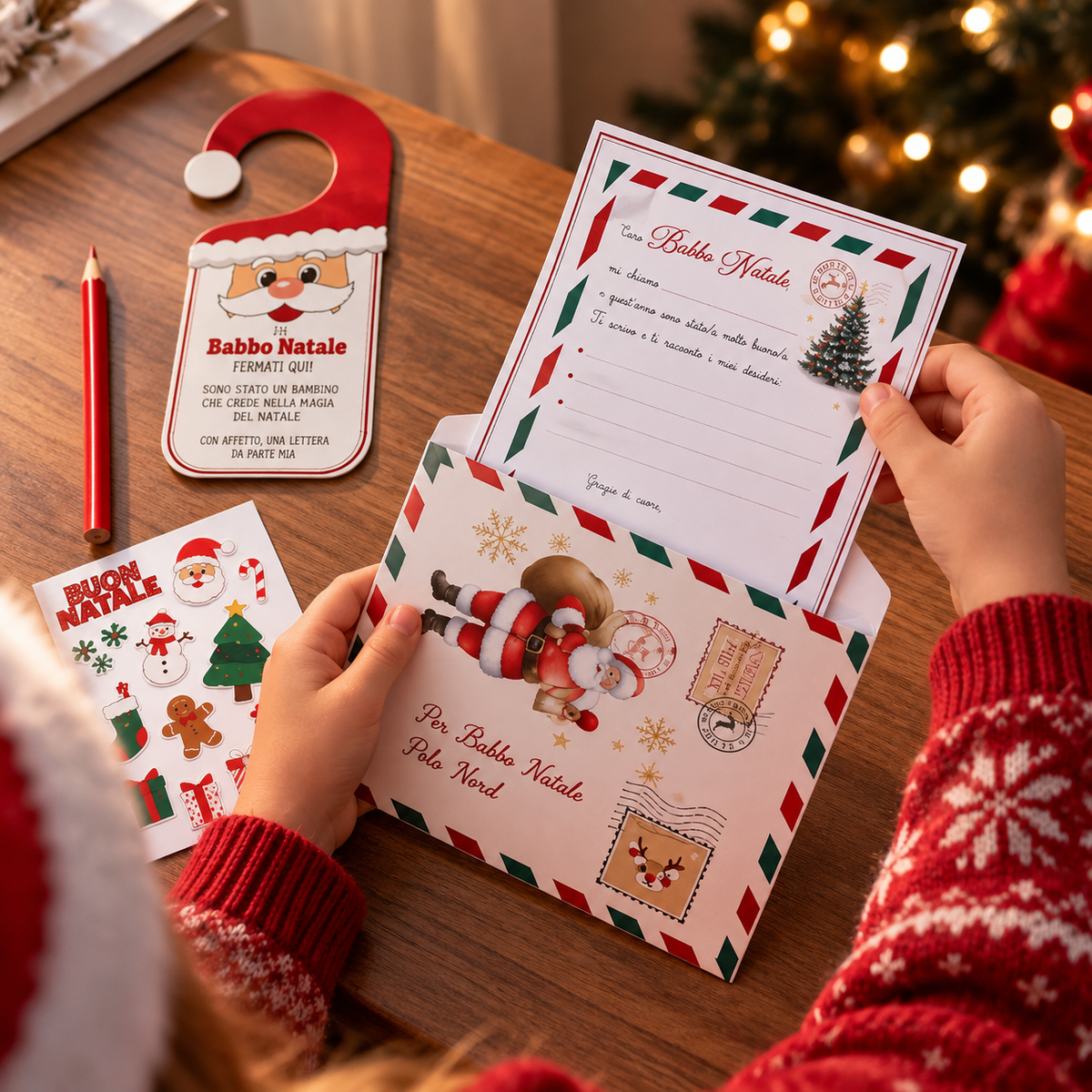 Kit Lettera a Babbo Natale con Busta, Adesivi, Matita e Cartello per Porta – Set Natalizio Bambini