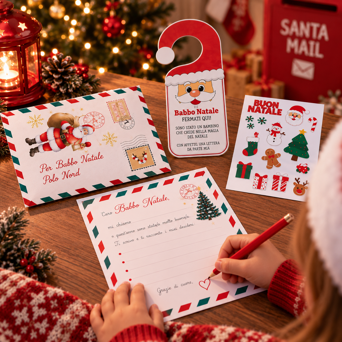 Kit Lettera a Babbo Natale con Busta, Adesivi, Matita e Cartello per Porta – Set Natalizio Bambini