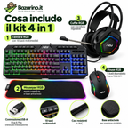 Kit Gaming 4 in 1 RGB con Tastiera, Mouse 7200 DPI, Cuffie con Microfono e Mousepad XXL