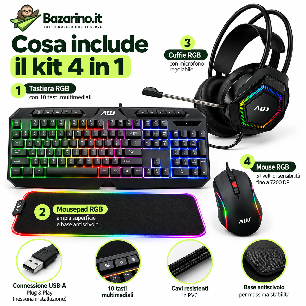 Kit Gaming 4 in 1 RGB con Tastiera, Mouse 7200 DPI, Cuffie con Microfono e Mousepad XXL