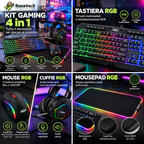 Kit Gaming 4 in 1 RGB con Tastiera, Mouse 7200 DPI, Cuffie con Microfono e Mousepad XXL