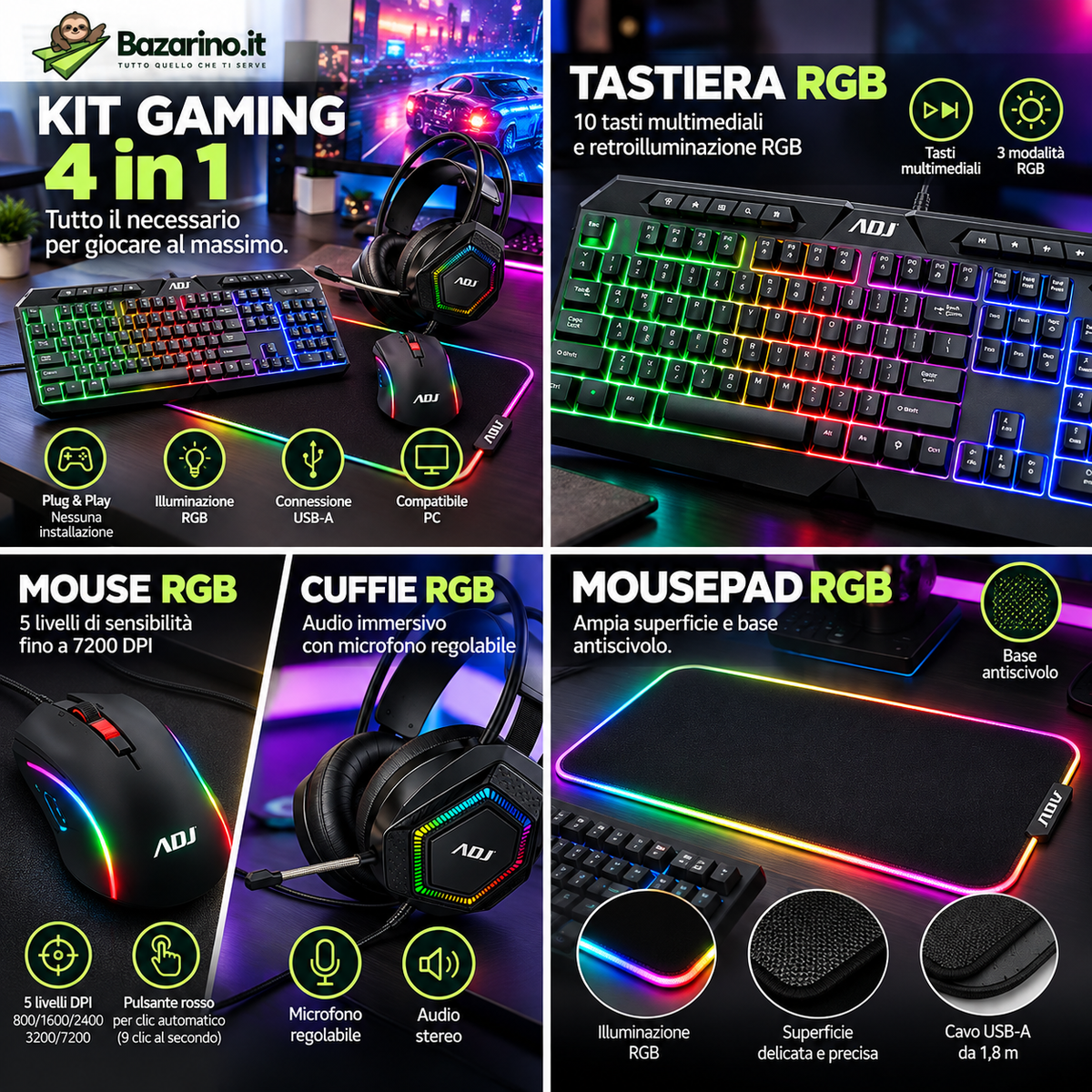 Kit Gaming 4 in 1 RGB con Tastiera, Mouse 7200 DPI, Cuffie con Microfono e Mousepad XXL